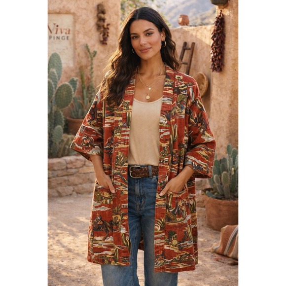 Created by Mama M Other - Western Desert Duster Kimono Jacket Cowboy Cactus Print Southwestern Boho